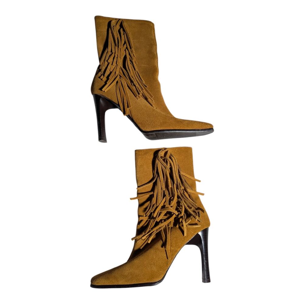 Vtg 1990s Predictions Brown Suede Fringe Trim Block Heel Square Toe Midi Boots 5